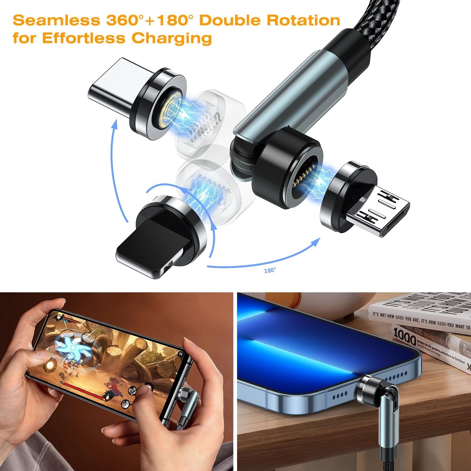 7-Pin Magnetic Charging Cable 360° Rotating 3 in 1 Magnetic Phone Charger, 3A Charging with Data Transfer for Android/Type C/I-Product/Carplay