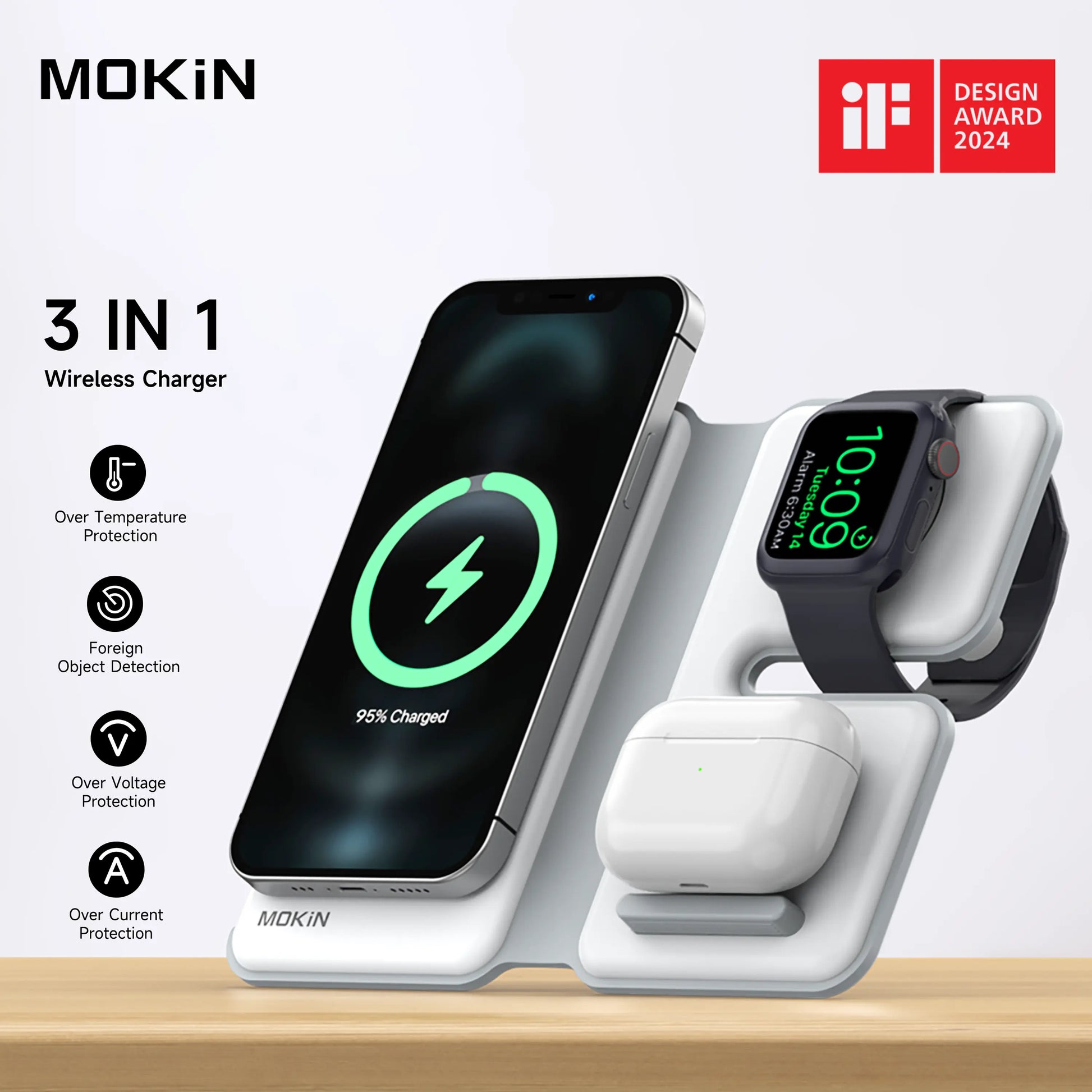 Mokin 3 in 1 Magnetic Wireless Charging Station for Iphone 2024 If Design Award 20W