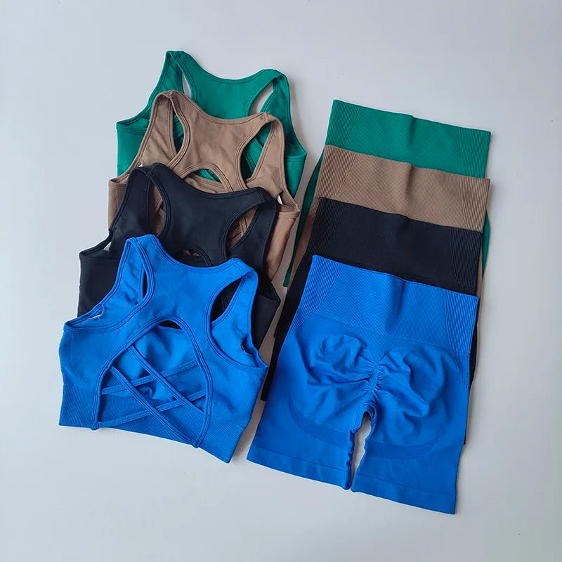2 PCS Women's Seamless Yoga Set (Sport Bra, High Waist Sports Shorts)