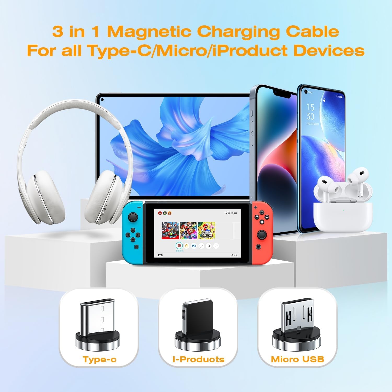 7-Pin Magnetic Charging Cable 360° Rotating 3 in 1 Magnetic Phone Charger, 3A Charging with Data Transfer for Android/Type C/I-Product/Carplay